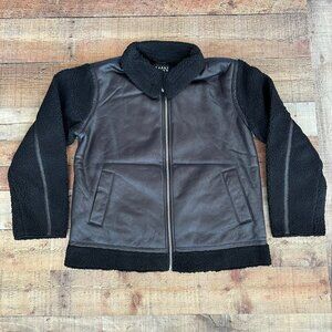 Boohoo Man black faux Leather look and borg bomber jacket men's L